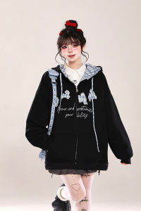 Áo Hoodie Thêu Phong Cách Retro Lót Flannel Dáng Rộng Ôm Body