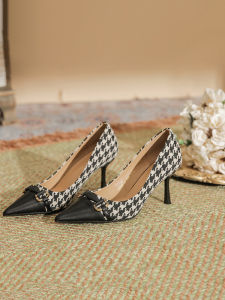 DTHN | Spring Autumn 2023 Womens Pointed Toe High Heels Sheepskin Insole Spliced Leather Fine Heel Metal Buckle Fashionable Shoes