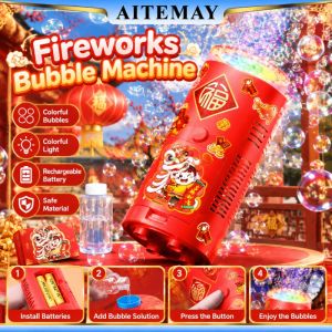 (Manila Ship) Aitemay Chinese New Year Firework Bubble Machine Red Lantern Style Rechargeable Bubble Maker With Sound And Light Automatic Blower For Spring Festival Decoration