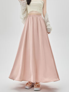 Acetate Satin Ice Silk A-Line High Waist Skirt Womens Summer Loose Flowing Long Skirt Korean Style Commute Folded Hem