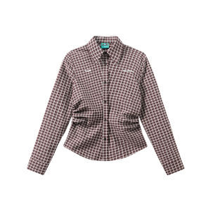JNXS | Áo Sơ Mi Họa Tiết Caro Thêu Phong Cách Retro Dài/Ngắn cho Mùa Thu