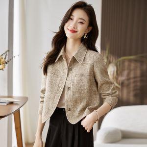 MAIMEI | Fashionable Little Fragrance Style Jacket Womens Spring Autumn Trendy Top Button Pocket Design Straight Cut Polyester Fiber