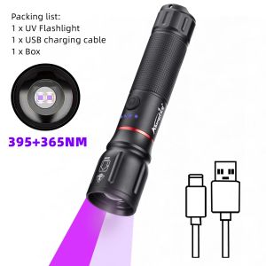Alonefire 2-in-1 Zoom 395nm+365nm UV Light Flashlight USB Rechargeable Torch Pet Urine Stain Ore Money Scorpion Detection Lamp