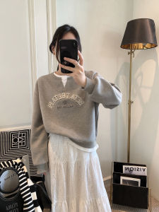 Korean Style round Neck Short Sleeve Womens Sweatshirt Printed Letter Bead Embellished Top Trendy Fake Two-Piece Design Cotton Blend