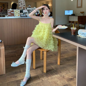 CHANGTONG | Beach Vacation Style Mesh Cake Tutu Dress French Charming Unique Spaghetti Strap Dress
