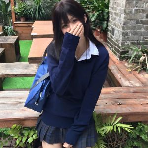 เสื้อสเวตเตอร์คอวีแขนยาวสไตล์นักศึกษา แจ็คเก็ตผู้หญิงฤดูใบไม้ร่วง/ฤดูหนาว สไตล์นักศึกษา คอวี ชั้นใน ชุดเดรส แฟชั่นญี่ปุ่น