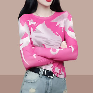 Spring Autumn round Neck Base Shirt T-Shirt Fashionable Mesh Dyed Long Sleeve Womens Top for Middle-Aged Mothers Korean Style