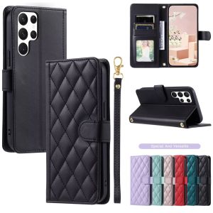 Checkered Leather Wallet Case For Samsung Galaxy S25 S24 S23 Ultra S22 S21 S20 FE S10 Note 20 10 Plus 9 Lanyard Flip Phone Cover