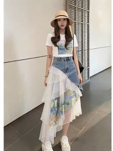 LIANGYILAILIN | Chic Elegance Printed T-Shirt Slim Fit Irregular Skirt Set