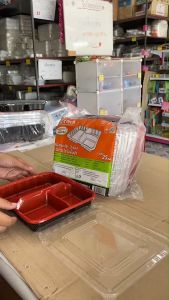 กล่องเบนโตะ กล่องข้าวพลาสติก กล่องอาหารพลาสติก 3ช่อง 1050 ml. ฐานดำ-แดง TRB-800-3 ยกลัง 10 แพค ยี่ห้อNEXTECH