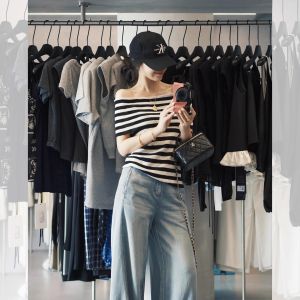 Off-shoulder Striped Knit T-shirt