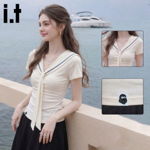 FINGERCROXX | Navy Collar V-Neck Structured Sleeve Slim Summer T-shirt Two-piece Illusion