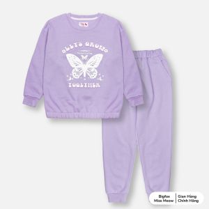 Bộ thu đông bé gái Bigfox Miss Meow size đại bộ nỉ cho bé vải nỉ bông dày dặn màu tím in bướm size trẻ em 12131415 tuổi