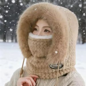 Womens Winter Thermal Hood Soft Plush Hat with Scarf and Mask Windproof Ear Protection for Outdoor Riding and Cycling