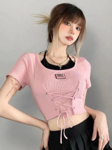 Retro Unique Design Womens T-shirt Summer Color Block BF Style Sweet Heart Spicy Girl Tie Neck Short Sleeve round Neck Top