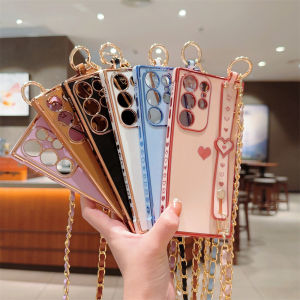 【3-in-1】Deluxe Multi-functional Plating Heart Pattern Phone Case FOR Samsung Galaxy S24Ultra S23Ultra S22Ultra S23FE Detachable Shoulder Strap Design A55/A35/A54/A53/A34/A52 comes with a wristband