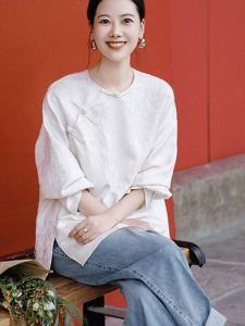New Chinese Style White Embroidered Shirt Womens Spring Autumn Zen Improved Cheongsam Blouse Medium Length National Style Button up Top