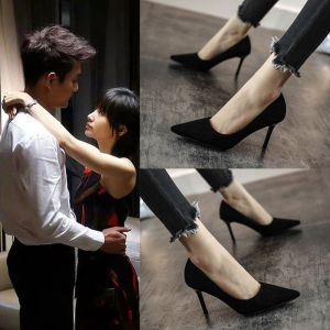 รองเท้าส้นสูงทรงหัวแหลมสีดำ รองเท้าส้นเดี่ยวแฟชั่นสำหรับผู้หญิง รองเท้าส้นเดี่ยวแบบสวมสบาย สไตล์ยุโรป รองเท้าลำลอง