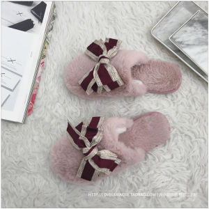 Bows Slippers for Women K-style Fall and Winter Interior Home Fashion Elegant Stuffed Heattech Closed Toe Confinement Cotton Slippers for Women