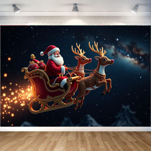 Christmas BackdropSanta Claus Holiday Banner Decorative Red Reindeer Sleigh for Christmas Party Winter Decoration Family Celebra