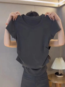 เสื้อยืดคอกลมแขนสั้นผู้หญิงสไตล์เกาหลีทรงสลิมฟิตสำหรับฤดูร้อน 2024 เสื้อยืดคอกลมแขนสั้นทรงเข้ารูป