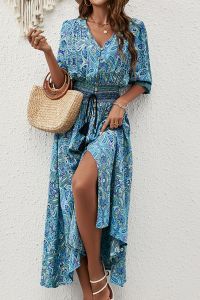 ชุดเดรสยาวผ้าไหมคอวีแขน 7 ส่วนพิมพ์ลายโบฮีเมียนสไตล์วันหยุด เอวสูง กระโปรงทรงเอ กระดุมเดียว ฤดูร้อน 2023