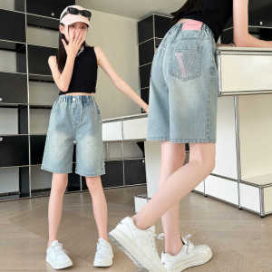 Girls Summer Thin Denim Shorts Casual Loose Five-Quarter Length Outerwear Childrens Pants Korean Style mid Waist Elastic Belt