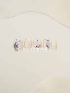 เล็บประดับดอกไม้สีฟ้าทาสีด้วยมือ ดีไซน์ญี่ปุ่น ทรงสั้น เล็บปลอมระดับไฮเอนด์ ติดทนนาน สำหรับผู้หญิง