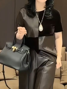 2025 New Fashion Splice Slimming Top Casual Loose Polyester Fiber round Neck Short Sleeve Korean Style Solid Color Sweatshirt