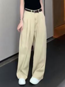 High Waist Wide Leg Suit Pants Womens Summer High Drape Casual Belted Floor-Length Concealing Cargo Trousers