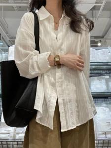 TJZR | High End White Jacquard Retro Long Sleeve Loose Casual Sun Protection Shirt