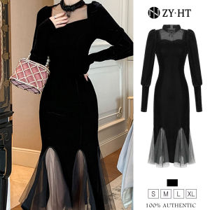 ZY.HT EraVogue Womens Dresses Qipao Dresses Black Dresses Long Sleeve Dresses Fishtail Dresses Velvet Dresses High-class Dresses Vintage Dresses Event Dresses Party Dresses 11231