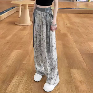 Flower in Ink Straight-leg Loose Pants Womens Summer Plus Size Plus Size Ladies High Waist Slimming Thin Small Casual Ice Silk Pants