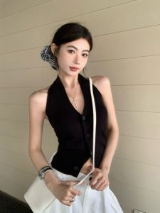 สไตล์อเมริกัน ผู้หญิง ชุดทูพีซถัก สีดำ เปลือยหลัง เสื้อครอป ลำลอง ขากว้าง กางเกง ฤดูร้อน ชุดลําลอง