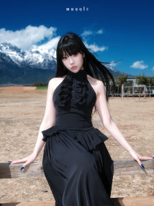 ชุดเดรสยาวคอฮอลเตอร์สไตล์วินเทจดีไซน์ดั้งเดิม Muggle Studio กระโปรงทรงเอเอวสูง แขนกุด สีพื้น ชุดเดรสยาวฤดูร้อน