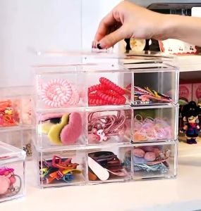 Premium Cosmetic Acrylic Stackable Organizer Storage Box Make Up Brush Cotton Swab Storage Case Kosmetik Bekas Simpanan Kosmetik Kotak Penutup Simpanan Barang Hiasan