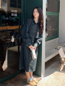 ชุดเดรสยีนส์แขนยาวทรงเอเอวสูงสไตล์เกาหลีสำหรับผู้หญิง ชุดเดรสฤดูใบไม้ร่วง 2025 ชุดเดรสแขนยาวสีพื้น