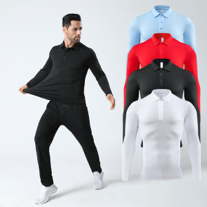เสื้อวิ่งแขนยาวลำลองสำหรับผู้ชาย ระบายอากาศได้ดี ยืดหยุ่น แห้งเร็ว ชุดทำงาน คอตั้ง กระดุม ชุดกีฬาสีพื้น