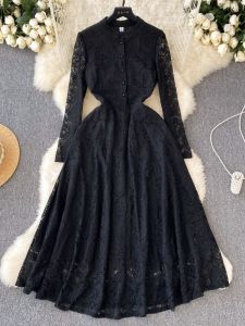 ชุดเดรสยาวคอตั้งแขนยาวผ้าลูกไม้สไตล์ฮีเบอร์ ทรงเข้ารูป ชุดดำหรูหราสไตล์ฝรั่งเศส ชุดเดรสผู้หญิงฤดูร้อน