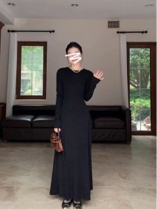 เรียบหรู สไตล์ฝรั่งเศส แขนยาว ทรงเอ ชุดเดรส ผู้หญิง เสื้อตัวใน พรางหุ่น เอว ดีไซน์ ฤดูใบไม้ผลิ ฤดูใบไม้ร่วง ผ้าฝ้าย Blend Gown