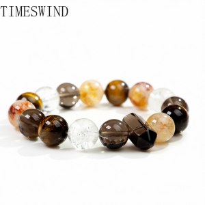 TIMESWIND Original Natural Ice Obsidian 12mm Yellow Phantom Quartz Tigers Eye Beaded Women Men Bracelet with Certificate