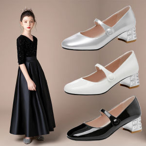 Black Leather Shoes Girl Princess Crystal Shoes Girl Piano Catwalk Show Shoes with Dress Flats Childrens High Heel Shoes