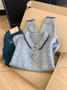 SHENGHUOYA | Stylish Contrast-color Bow Stitched Polo Neck Knitwear with Unique Hollow-out Design