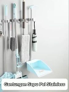 Gantungan Sapu Pel Stainless / Holder Hook Penyangga Klip Kait Gantung Dapur Kamar Mandi Tidur Basement Garasi Tempat Cuci Simpan Sapu Alat Kebersihan Pel Kemoceng Gagang Tempel Dinding Rumah Skrup Bor Tembok - GP Mall