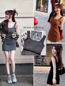 Kaka Womens Korean Style Pure Color Two-in-One Vest Dress with Chest Pad Spicy Girl Knitted Mini Dress Autumn Commute
