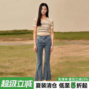 กางเกงยีนส์ทรงขาบานเอวสูง 2 กระดุม ปักมุก ผูกโบว์ แบรนด์ Li ฤดูร้อน กางเกงขายาวทรงหลวม ผ้าฝ้ายผสม