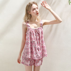 XEXZ | XEXZ Womens Summer New Pure Cotton Nightgown Set With Floral Print Short Sleeveless Round Neck Home Comfortable Sleepwear