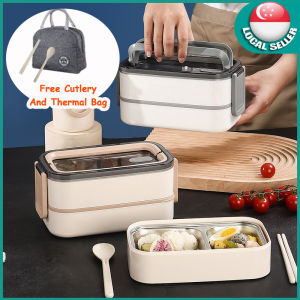 🇸🇬【SG stock】Insulated lunch box Bento Lunch Box Dual Heat Stainless Steel Bento Lunch Box with Thermal Carrier Bag Leak Proof Double Tier 2/3 Compartments Suitable for Microwave Lunch boxes for adult kids Bento box  insulated lunch box
