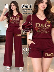 3 in 1 Classy Terno Set t-shirt shorts and Wideleg Pants with both pocket-Spandex fabric