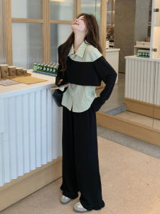 Unique Black Artistic Style Two-Piece Set Womens Wide Leg Pants Shirt Autumn New Arrival Casual Fashion Ensemble